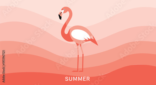 Vector illustration of pink flamingo in summer landscape