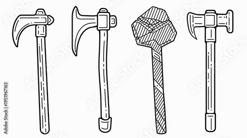 Four handcrafted, black-and-white weapons displayed against a clean white backdrop, in line