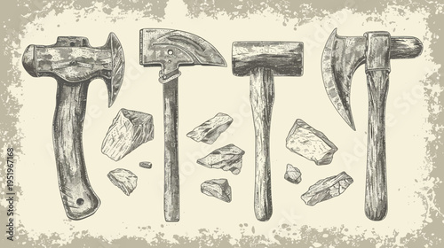 A detailed illustration of various handcrafted tools and fragmented rocks on a textured background