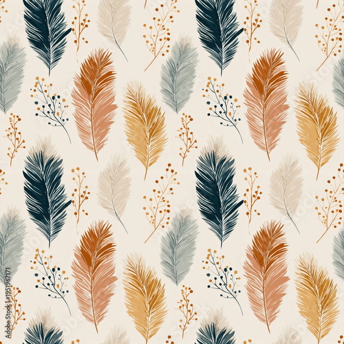 Seamless Pattern boho feathers and dreamcatcher with sage feathers and rust bead clusters in earthy tones