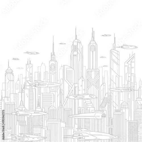 Futuristic cityscape with flying vehicles and modern skyscrapers in a minimalist style.