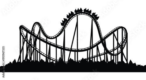 A black and white illustration of a roller coaster with a steep drop and sharp turns at an amusement park