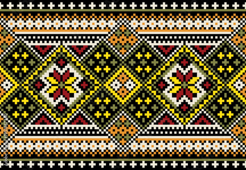 Vintage earth tone pixel ethnic geometric seamless border pattern inspired by traditional tribal and folk textile designs. Featuring olive green, mustard yellow, orange, red, and cream colors. 