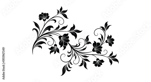 Elegant black floral design with intricate patterns and leaves on white background