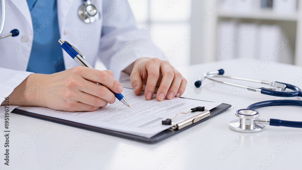 Fototapeta premium Doctor's Hand Filling Medical Record with Pen and Stethoscope on Desk