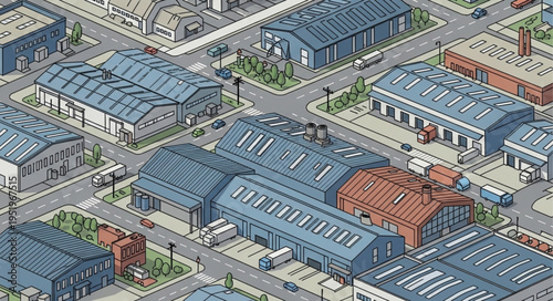 Isometric View of Industrial Area with Warehouses and Factories.