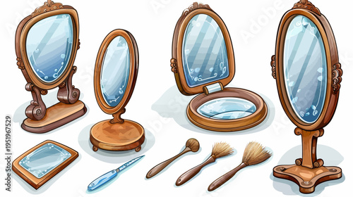 Several vintage mirrors of different shapes with brushes and a small tool