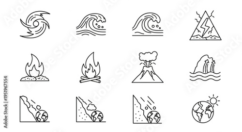 Natural Disaster Icons - Hurricane, Tsunami, Lightning, Fire, Volcano, Landslide, and Global Warming.