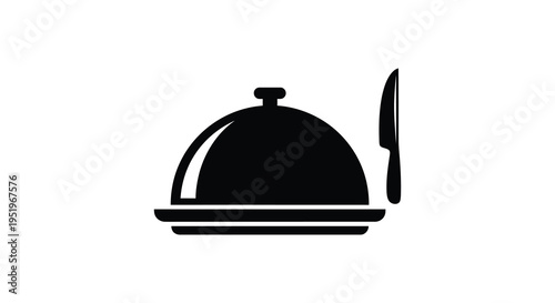 Black and white illustration of a covered serving dish with a knife