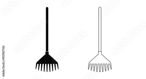 Two garden rakes one dark and one light in outline silhouette