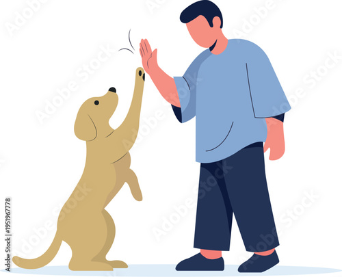 Man giving high five to dog flat vector illustration. Trained smart doggy, obedient doggy