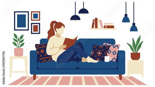 Woman enjoying book cozy atmosphere home interior with warm natural light