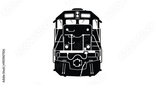 A black and white line drawing of a train or locomotive engine from a front view perspective