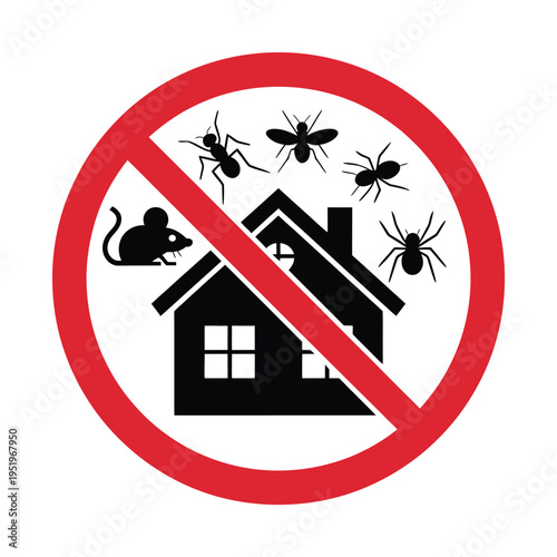 No pests prohibition sign illustration, house with mouse and insects silhouettes inside red circle warning for hygiene, pest control and safety.