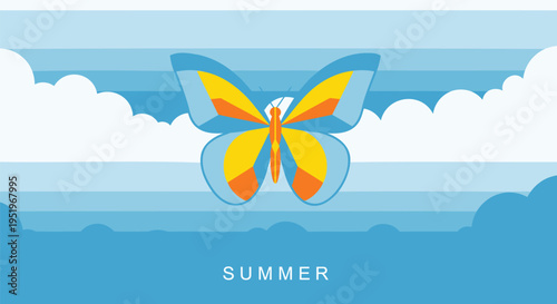 Vector illustration of a butterfly flying over clouds with summer text