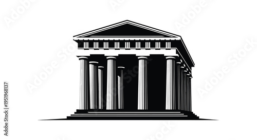 A black and white illustration of a classic ancient greek or roman temple building with columns and triangular pediment