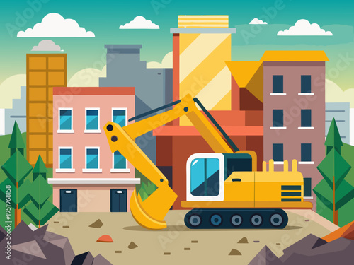 set of Urban demolition site with a yellow excavator working to tear down a residential building 