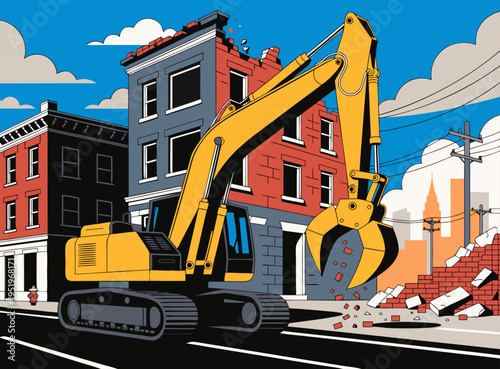 set of Urban demolition site with a yellow excavator working to tear down a residential building 