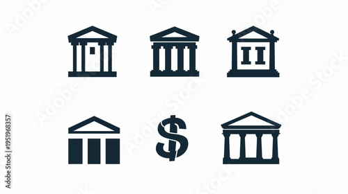 Collection of financial icons depicting different bank buildings and a dollar sign