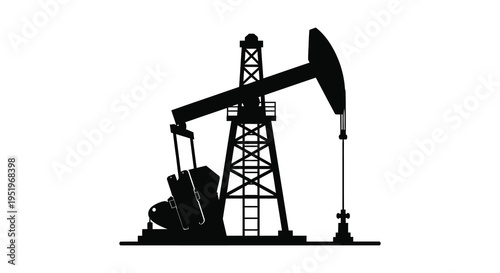 A black silhouette of an oil pumpjack against a white background used for extracting crude oil from the ground
