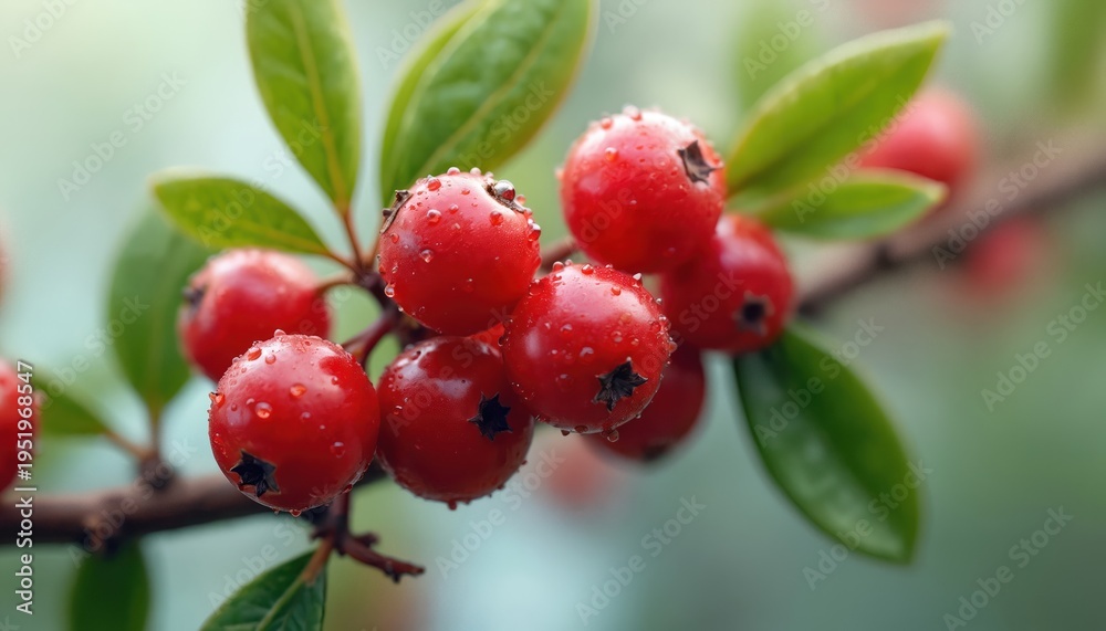 Fototapeta premium Cluster of bright red berries with water droplets on a thin branch. Glossy green leaves grow nearby. Soft blurred background with light green tones. Suitable for nature and food themes.