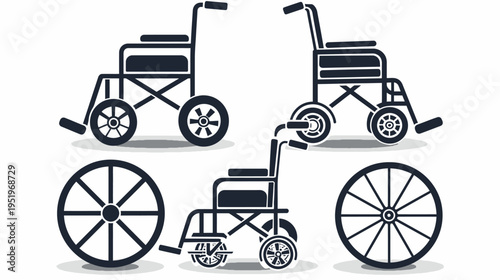 A collection of simple black and white illustrations of wheelchairs and detached wheels