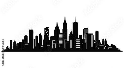 A black silhouette of a modern city skyline with tall skyscrapers and buildings