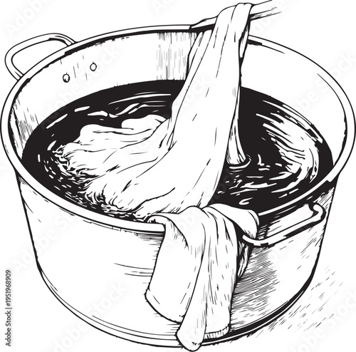 Dye Bath for Fabric in Textile Industry Hand-drawn Sketch Drawing Vector Illustration, Line Linear Symbol Black and White Engraving, Isolated