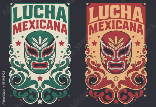 Lucha Mexicana Poster Vector Featuring Mexican Wrestling Luchador Mask Stars and Folk Ornaments Traditional Mexico Wrestling Cultural Artwork Illustration Colorful Design