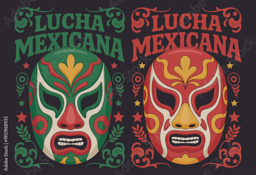Lucha Mexicana Poster Vector Featuring Mexican Wrestling Luchador Mask Stars and Folk Ornaments Traditional Mexico Wrestling Cultural Artwork Illustration Colorful Design