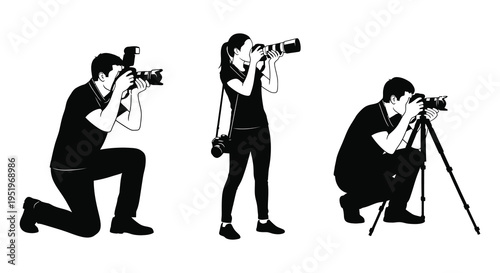 Three photographers capturing moments in different stances and positions