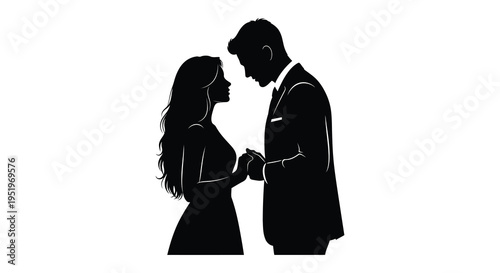 A silhouette of a pregnant woman and a man standing close together holding hands and looking at each other with love and anticipation