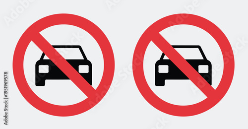 Car prohibition icon, no vehicle symbol, traffic restriction sign, access denied for cars, and road safety regulation vector