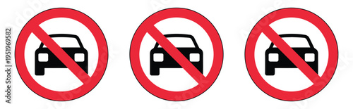 No car prohibited traffic sign icon, indicating vehicles are not allowed, road restriction, and traffic safety warning concept vector illustration.