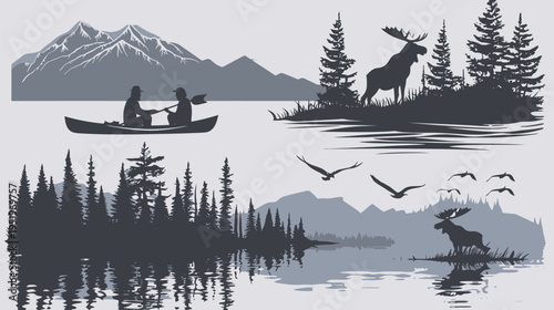 Stylized vector illustrations depicting a serene natural landscape with lakes, mountains, and wildlife