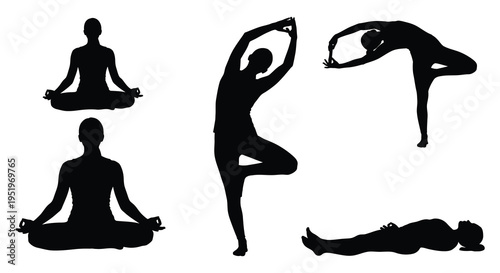 Yoga poses silhouette illustrations for fitness and wellness