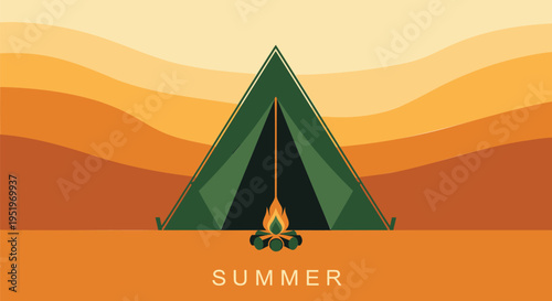 Vector summer camping illustration with tent and campfire