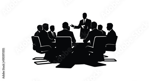 A group of businessmen in a meeting with one standing and presenting to the others seated around a table