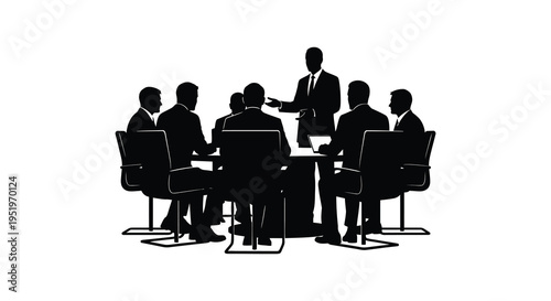A group of businessmen in a meeting with one standing and presenting to the others seated around a table