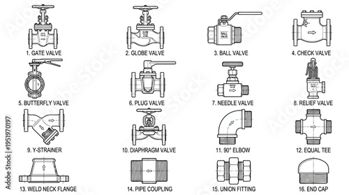 Various types of industrial valves and fittings.