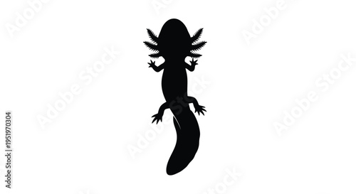 A striking black silhouette of an axolotl facing upwards silhouette