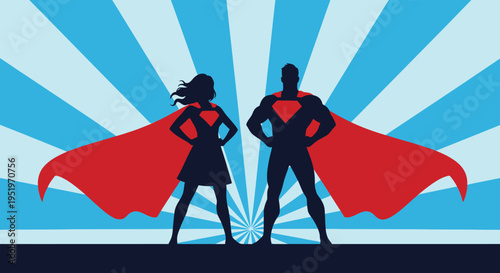 Superhero duo standing strong together in front of a vibrant sunburst background with flowing red capes