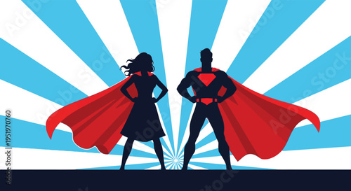 Superhero duo standing confidently against a vibrant blue and white sunburst background with flowing red capes