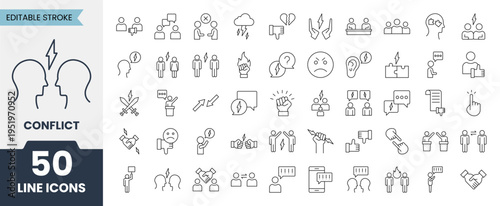 Conflict line icons set with editable stroke. Vector illustration