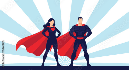 Superhero duo standing confidently in front of a vibrant blue sunburst background with red capes flowing