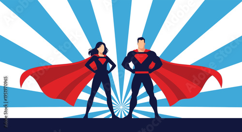 Two superheroes standing confidently in front of a vibrant blue sunburst background with flowing red capes