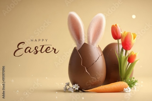 Easter Bunny Chocolate Egg with Tulips and Carrot