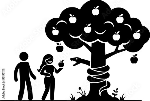 Biblical Story of Adam and Eve in the Garden of Eden Featuring the Serpent and the Forbidden Fruit of the Knowledge of Good and Evil