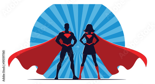 Two superheroes standing back to back with red capes and blue background