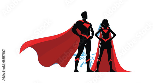 Superhero duo standing together in front of a vibrant blue sunburst background with flowing red capes